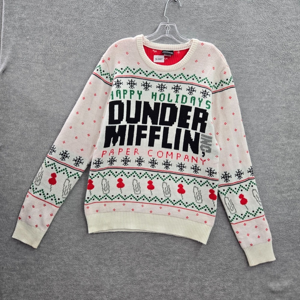 The Office Women Sweater Medium White Fair Isle Ugly Dunder Mifflin Logo READ
